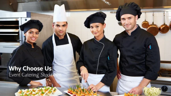 Smiling catering team presenting beautifully arranged dishes and a professional service setup, representing top-quality event catering in Stockholm.