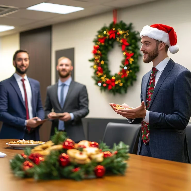 Corporate team enjoying an organised office event supported by the best office Christmas lunch catering management