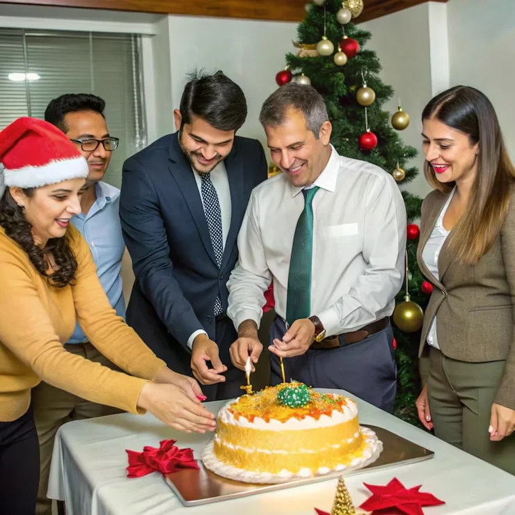 Workplace team enjoying a festive breakfast supported by organised Christmas breakfast packages