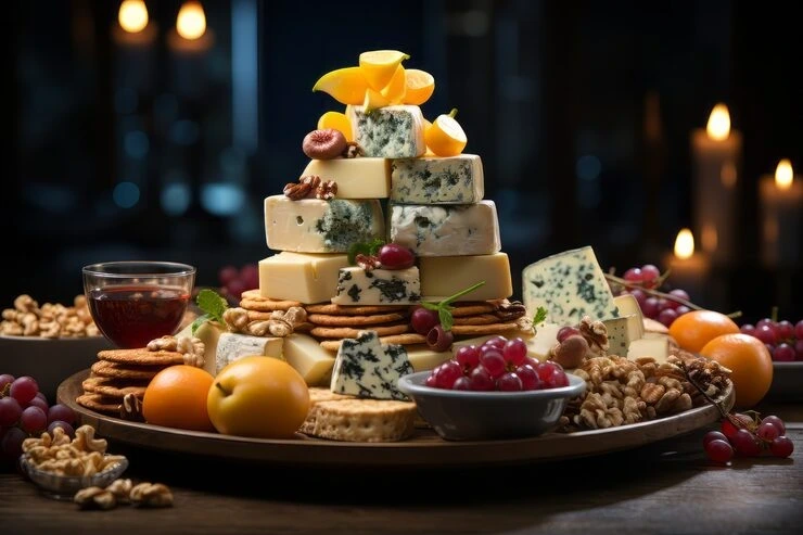 Cold Christmas lunch platters arranged for a corporate event with cheeses, fruits, and accompaniments