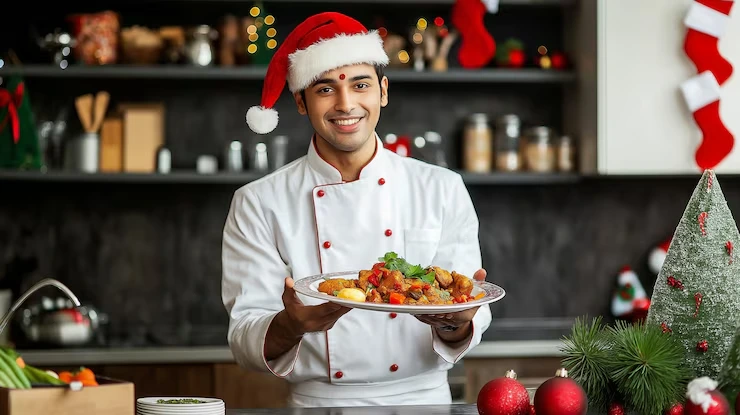 Expert dietary and allergen-controlled Christmas catering team preparing safe festive meals for all guests