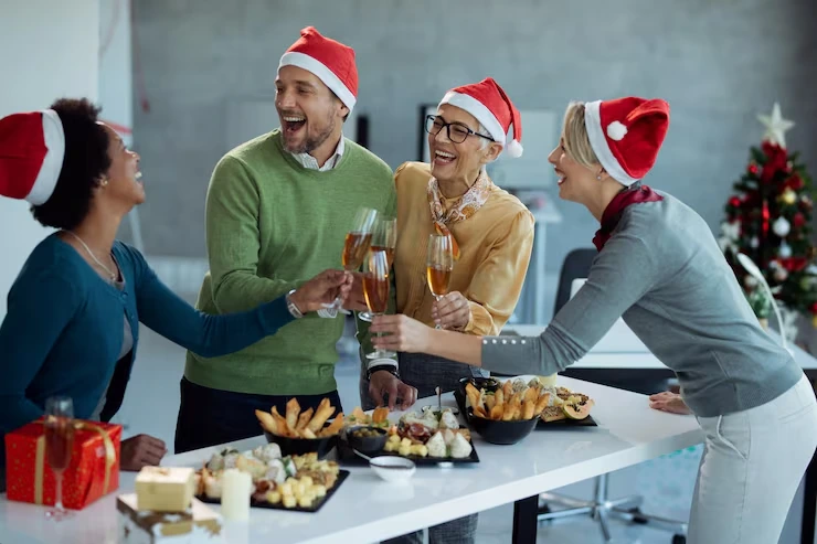 Office team enjoying a festive celebration supported by professional Christmas catering in Leicester