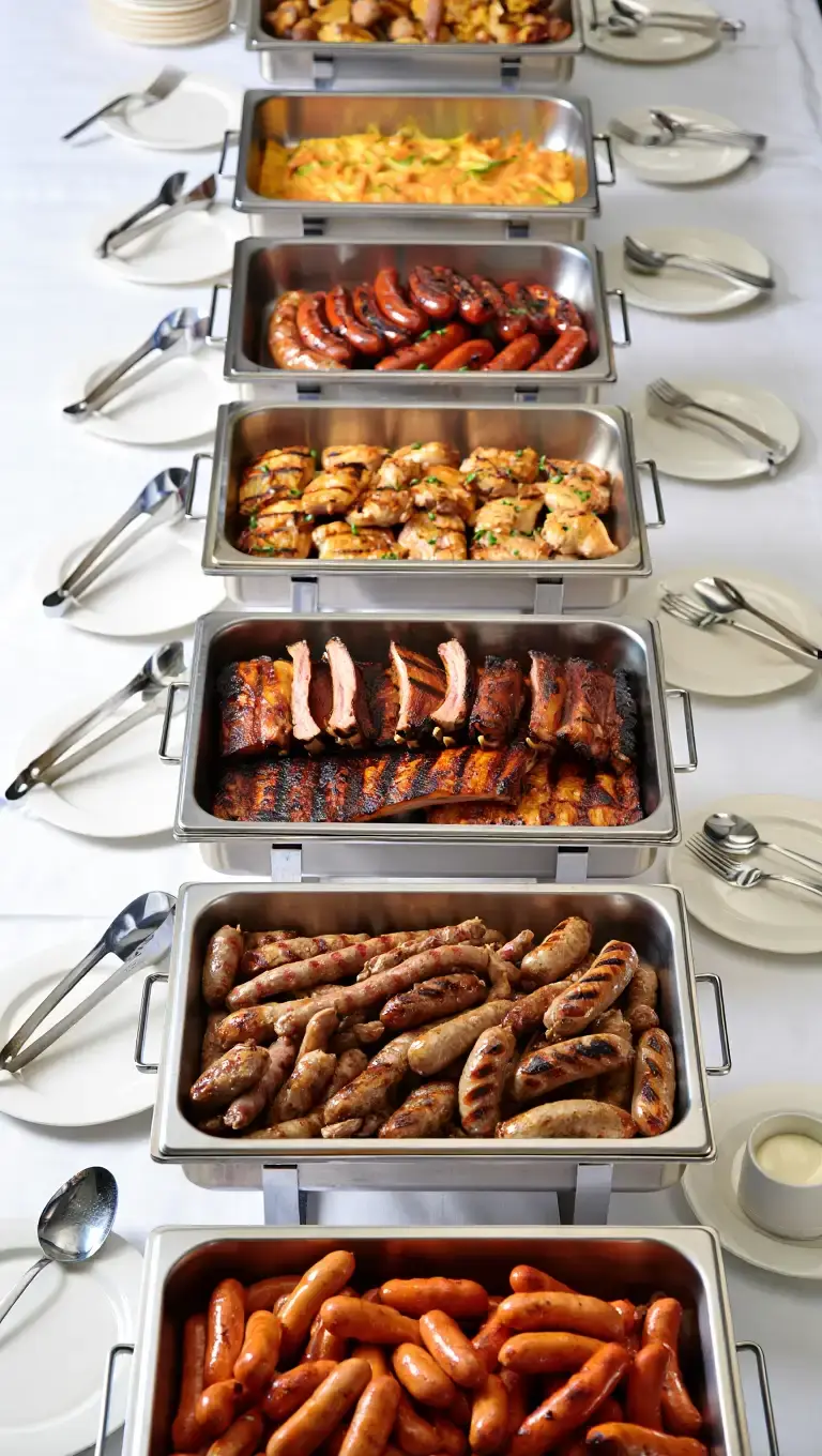 BBQ buffet catering for London events with a variety of grilled dishes and sides displayed for guests