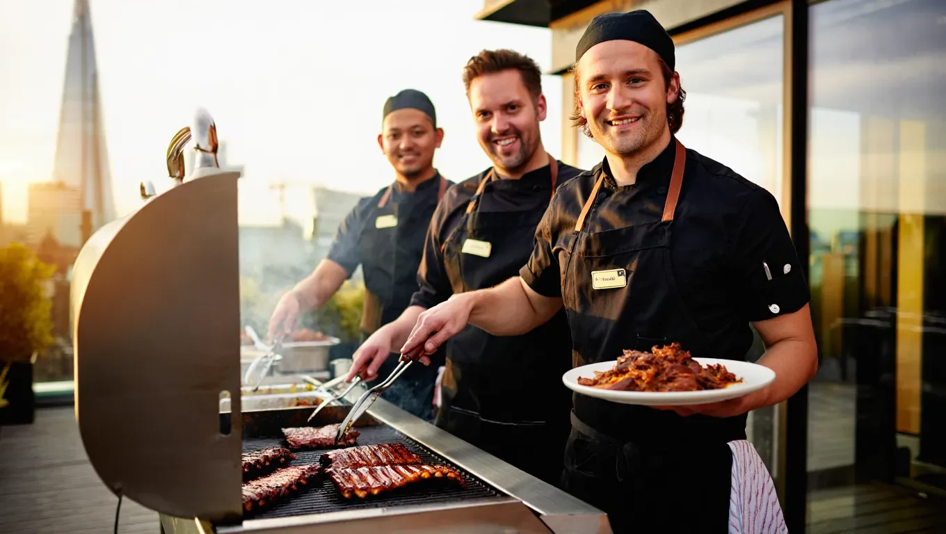Premium BBQ catering services in London with expertly grilled meats and stylish outdoor food presentation