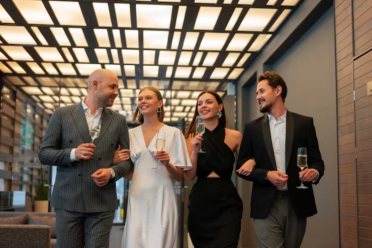 Four guests socialising with champagne at event