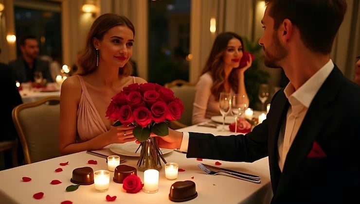 Couple at candlelit table with roses and chocolates