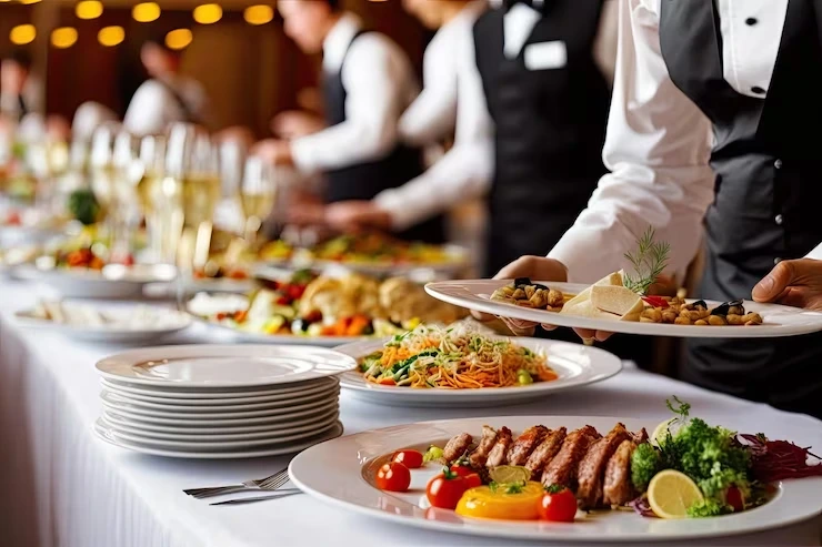 Waitstaff serving plated dishes at corporate buffet