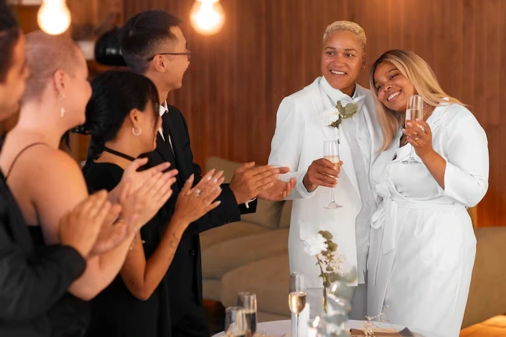 Couple in white holding champagne as guests applaud