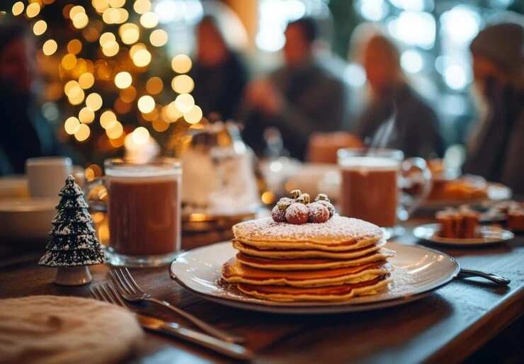 Stacked pancakes at festive table with warm bokeh lights