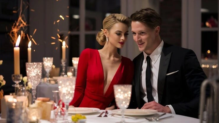 Couple at candlelit table with sparklers and wine