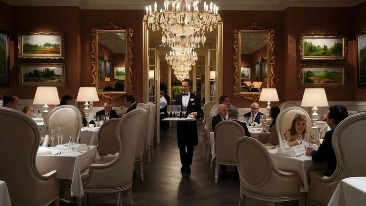 Waiter carrying drinks tray in elegant dining room