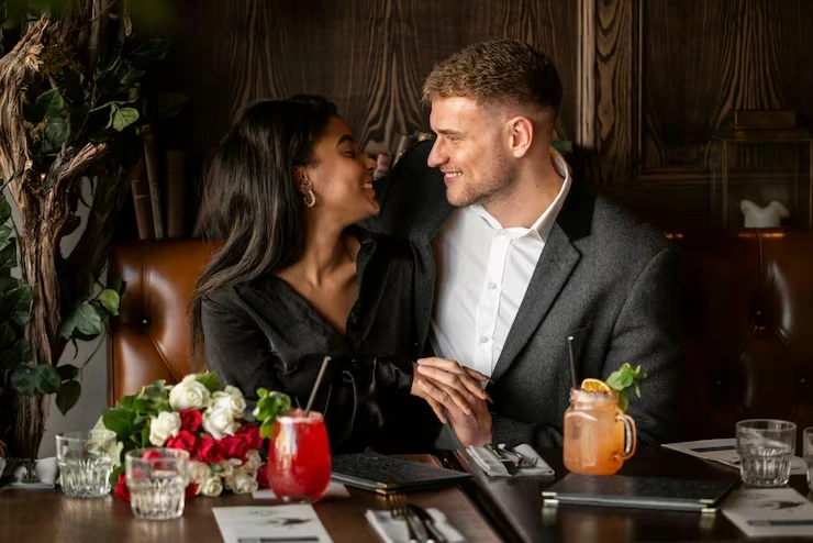 Couple at lounge table with cocktails and flowers