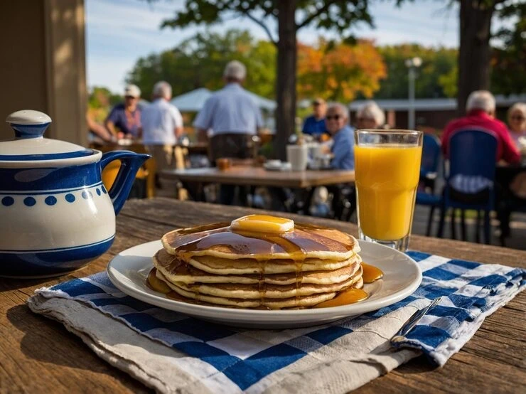 Pancakes with syrup and orange juice at outdoor event