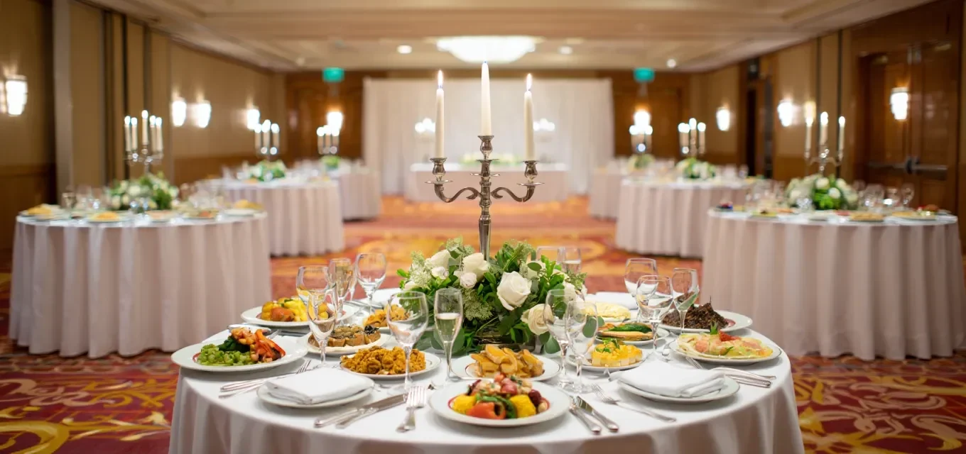 Elegant Wedding Catering Setup With Gourmet Dishes and Decor at a London Venue