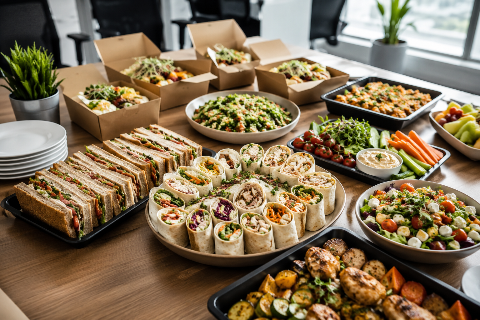 Office catering spread in a modern meeting room with sandwich platters, wrap selections, fresh salads, hot meal trays, fruit, and boxed lunches arranged on a table for a corporate team lunch.