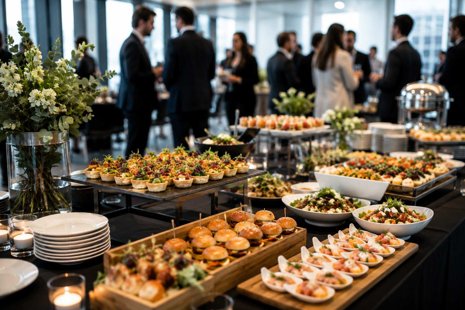 Corporate event catering buffet in a modern London venue with canapés, sliders, salads and plated bites served for a business reception with guests networking in the background.