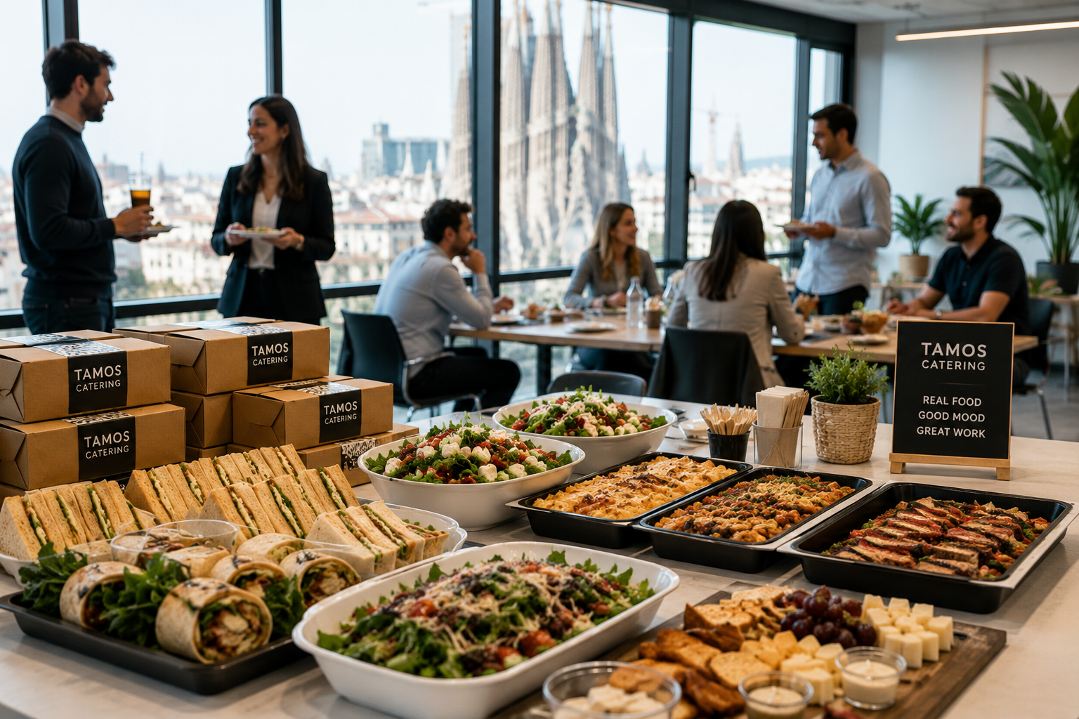 Office lunch catering setup for a Barcelona workplace event with sandwich platters, wraps, salads, hot meal trays and boxed lunches arranged in a modern office setting.