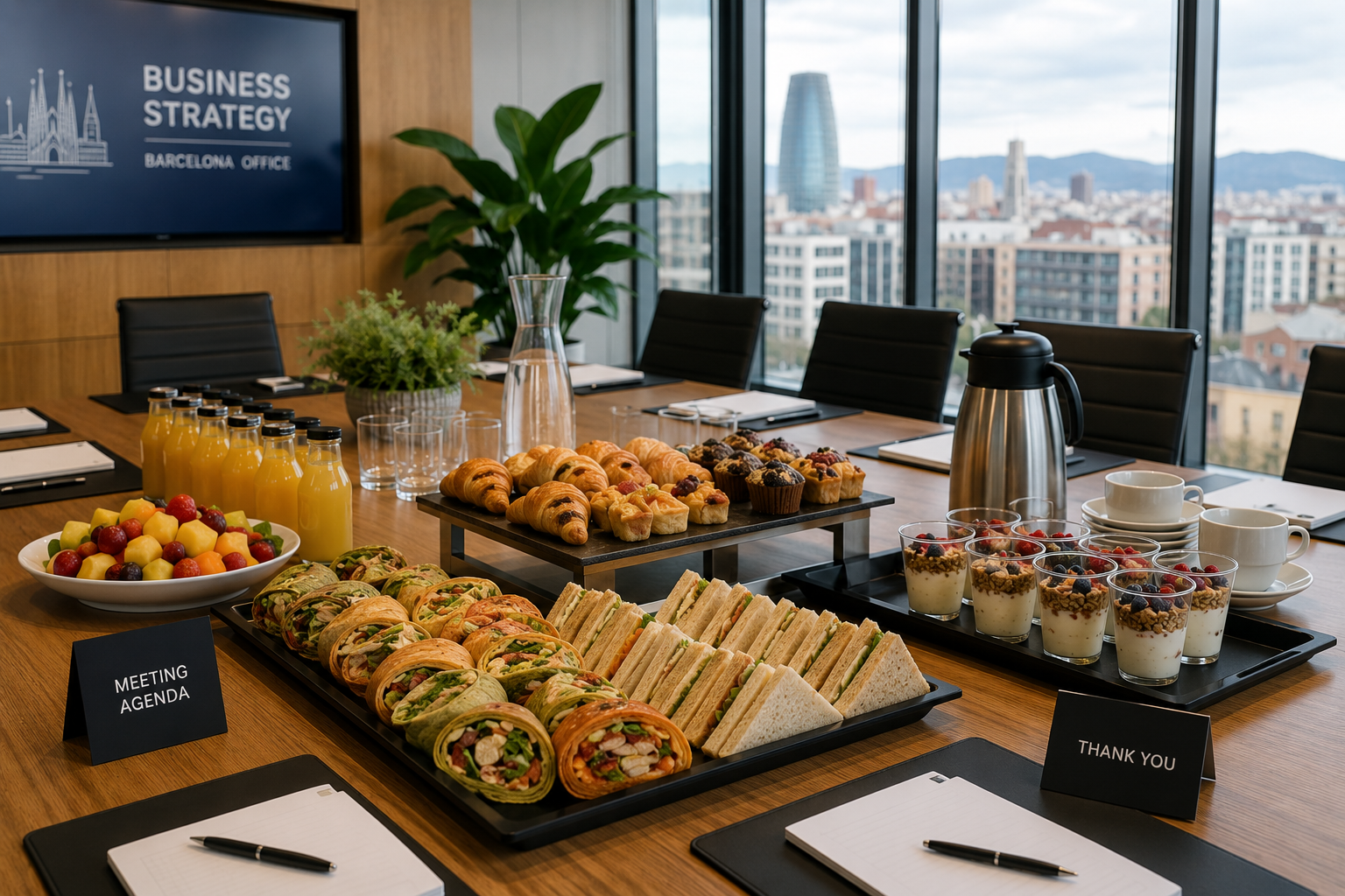 Corporate meeting catering setup in a Barcelona conference room with sandwich platters, wraps, pastries, fruit, refreshments and coffee arranged on a boardroom table for a business meeting or training session.