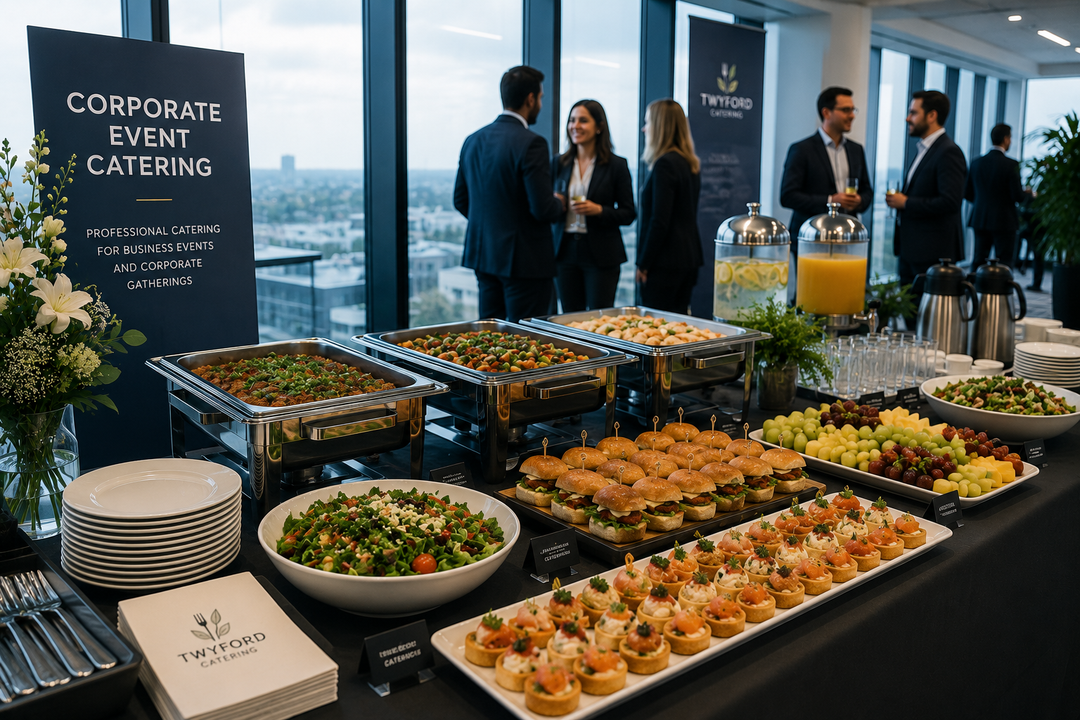Corporate event catering setup in Twyford with buffet dishes, salads, canapés, refreshments and serving platters arranged for a business event, company gathering or professional occasion.