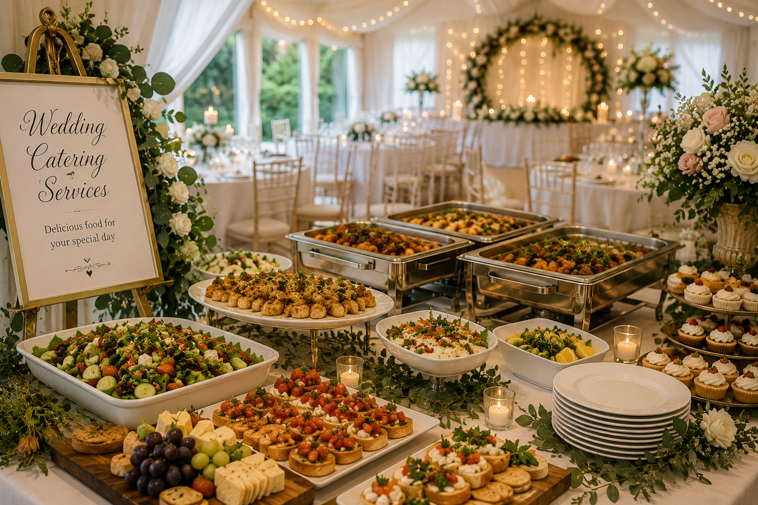 Wedding catering setup at a Twyford reception venue with buffet dishes, canapés, salads, desserts and serving stations arranged for a wedding celebration or reception.