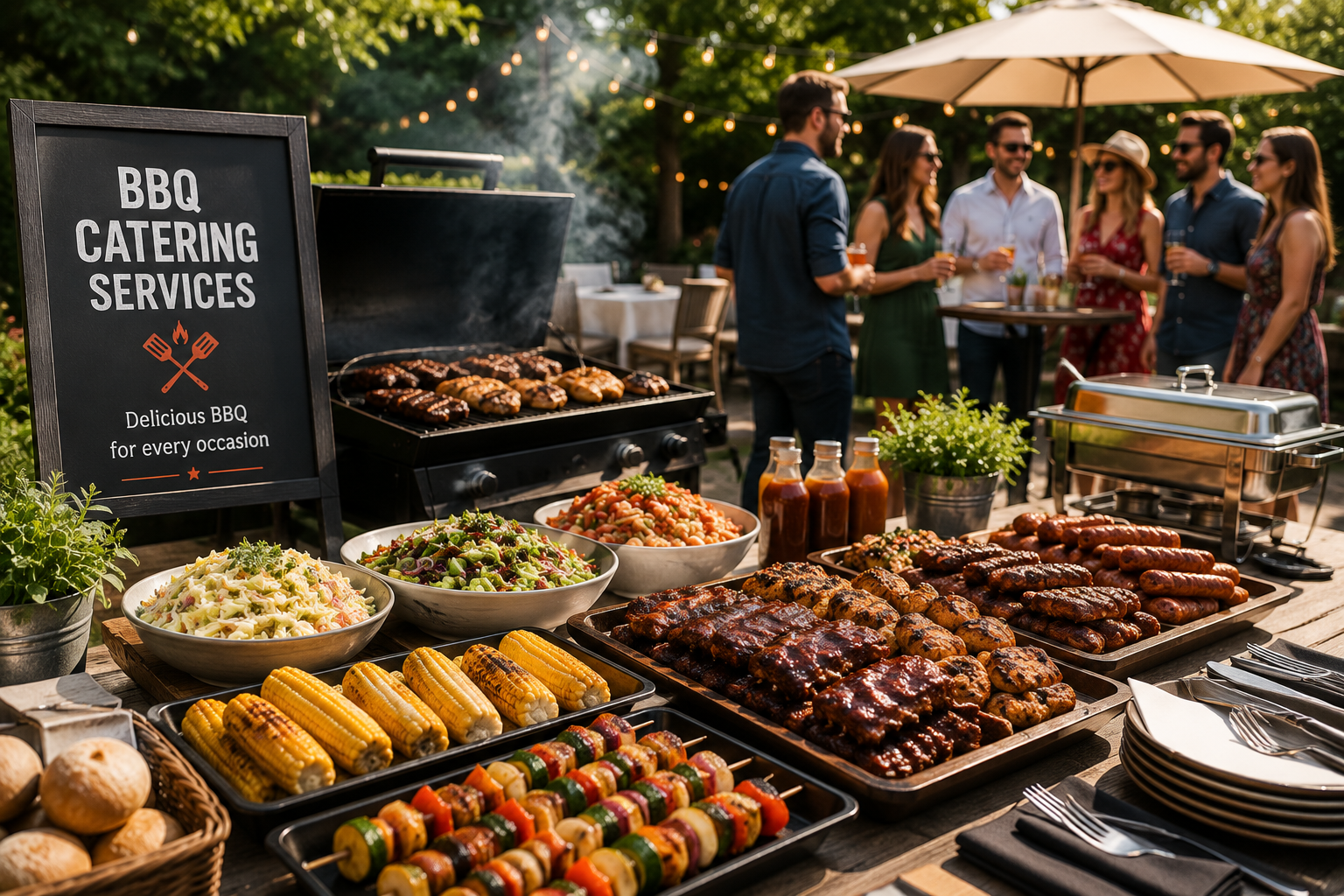 Outdoor BBQ catering setup in Twyford with grilled meats, salads, corn, skewers and buffet platters arranged for a summer event, garden party or informal celebration.