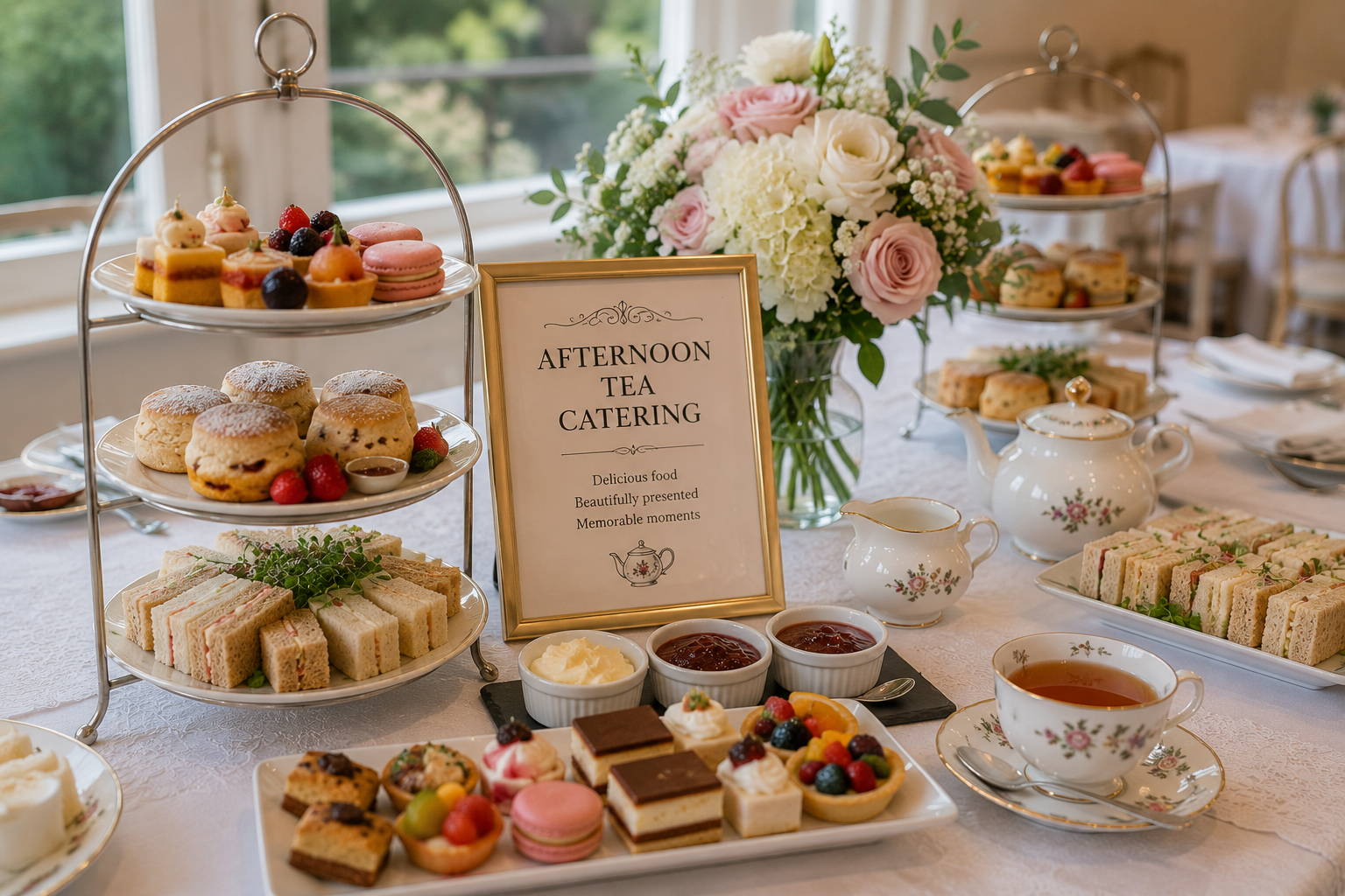 Afternoon tea catering setup in Twyford with tiered stands of finger sandwiches, scones, pastries and tea service arranged for a private gathering, celebration or social occasion.