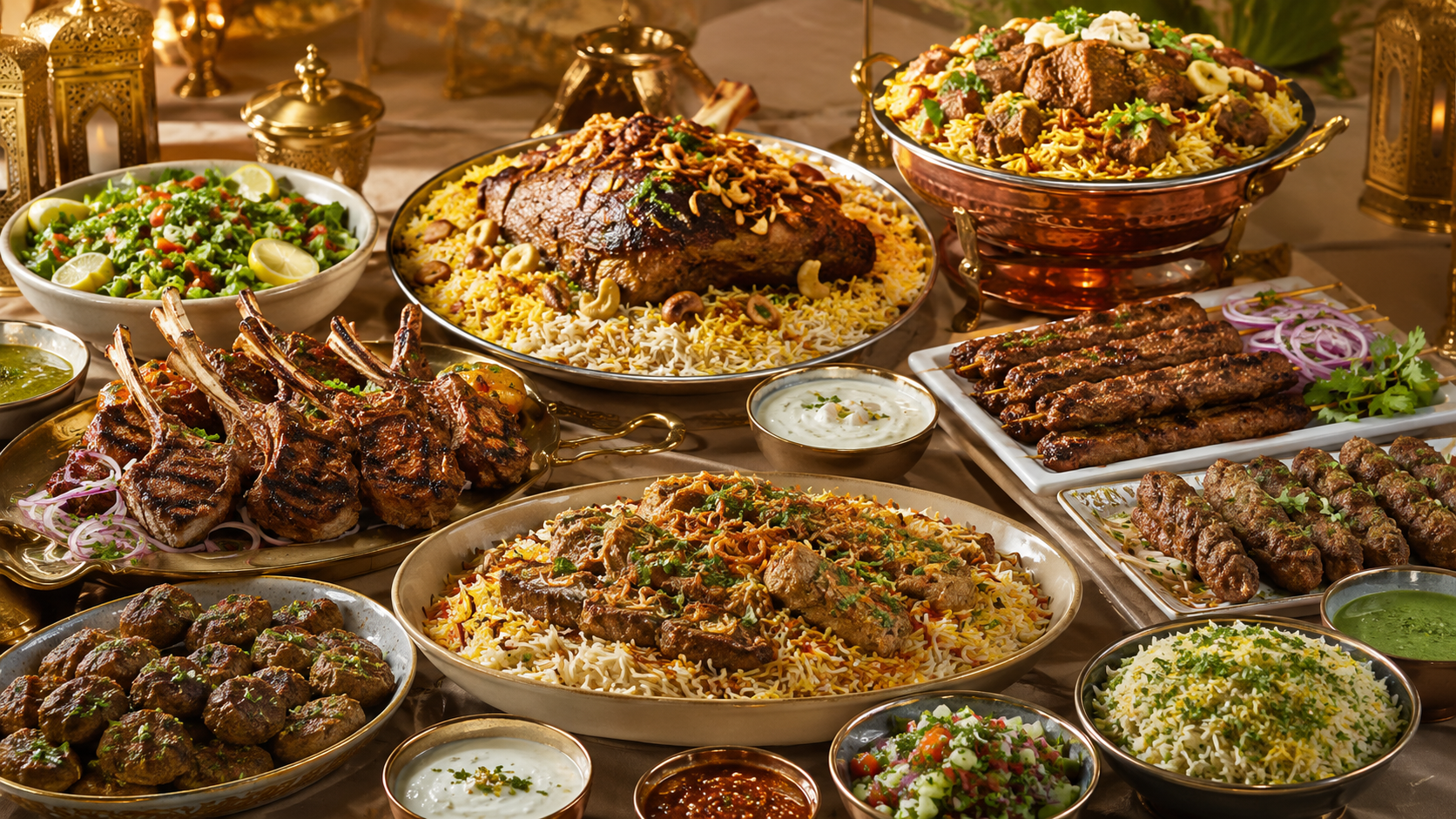Halal lamb and mutton catering spread with lamb mandi, mutton biryani, grilled lamb chops, kofta, kebabs, rice, salads and sauces.