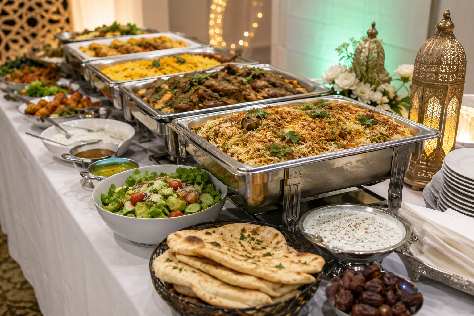 Eid buffet catering setup with hot rice dishes, lamb and mutton platters, vegetarian sides, salads, flatbreads, sauces and dates.