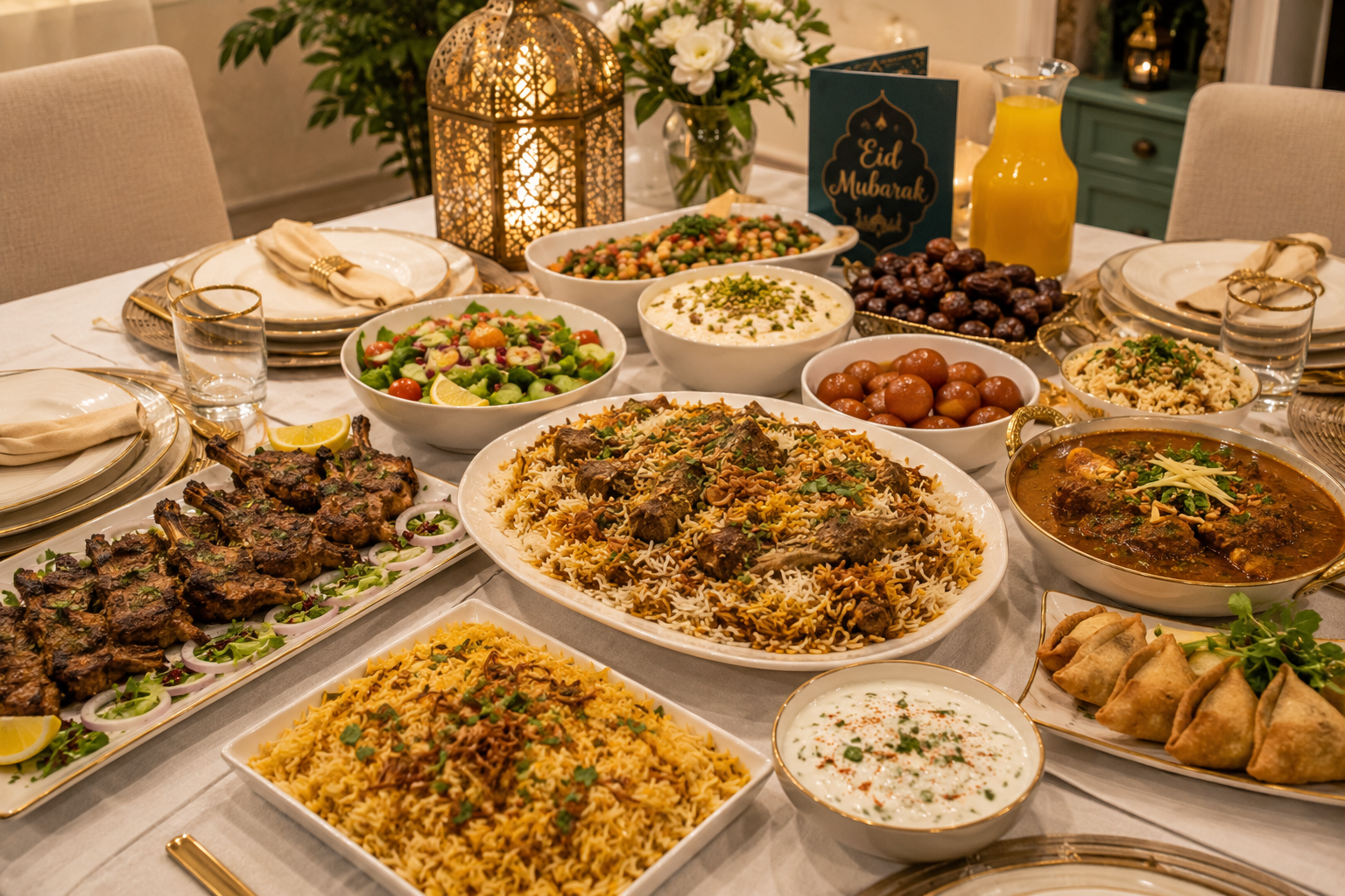 Family Eid feast catering spread with lamb dishes, biryani, vegetarian sides, salads, desserts, dates and drinks arranged for a home celebration.