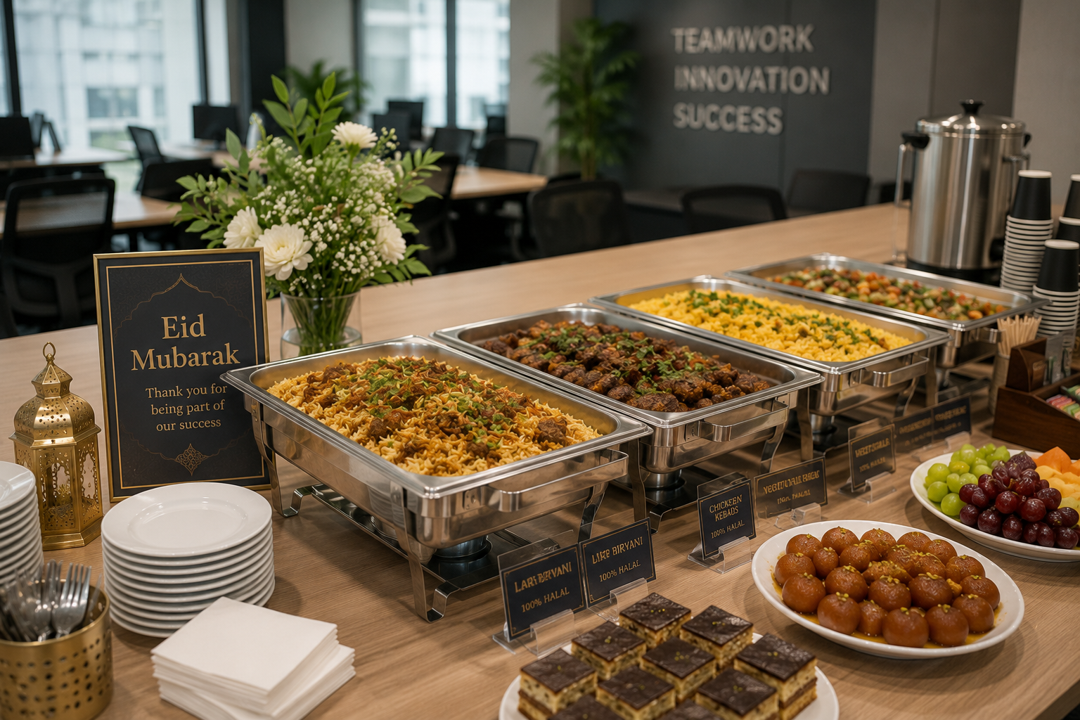 Corporate Eid catering buffet with halal rice dishes, grilled meats, vegetarian options, desserts, fruit, tea and coffee in a modern London office.