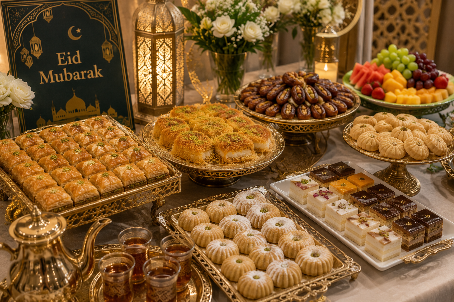 Eid dessert table with baklava, kunafa, ma’amoul, stuffed dates, cakes, fruit platters and traditional tea service.