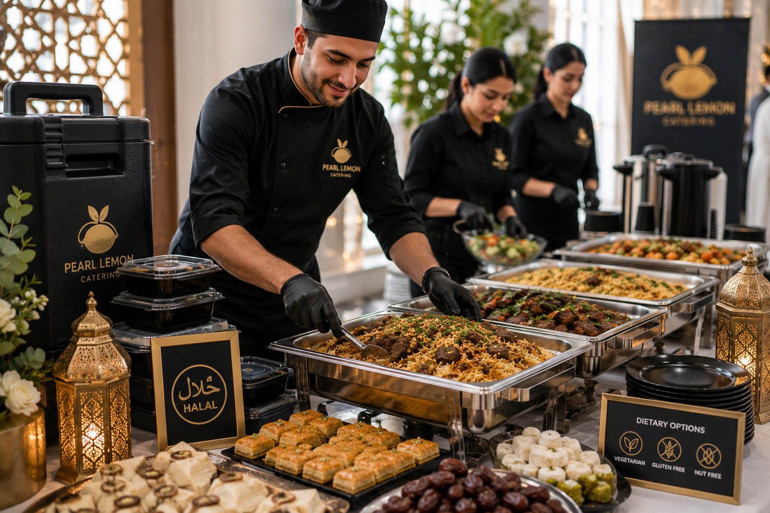 Professional catering team preparing and serving a halal Eid al-Adha buffet with lamb, rice, salads, desserts and dietary options.