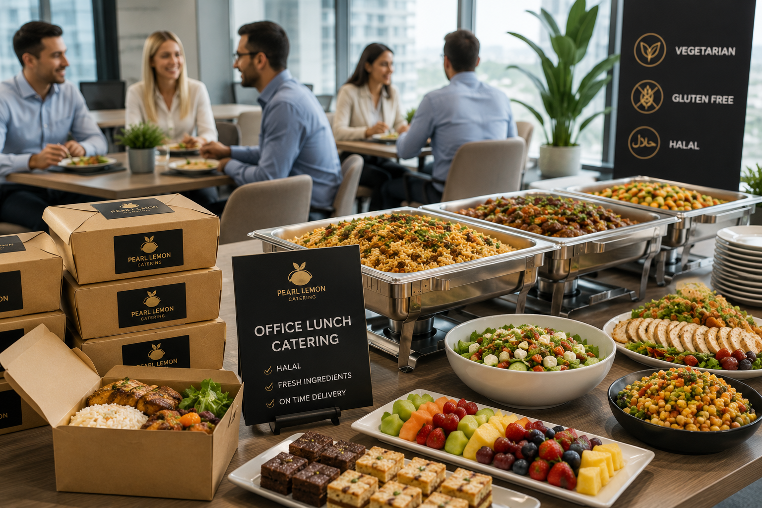Office lunch catering with boxed meals, hot buffet dishes, cold platters, salads and dietary options served in a modern workplace.