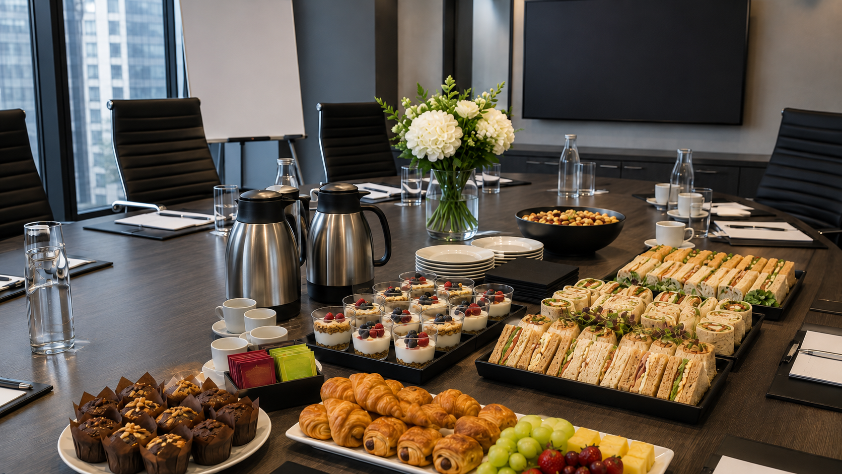 Meeting catering setup with sandwiches, wraps, pastries, fruit, yoghurt cups, tea and coffee arranged in a modern boardroom.