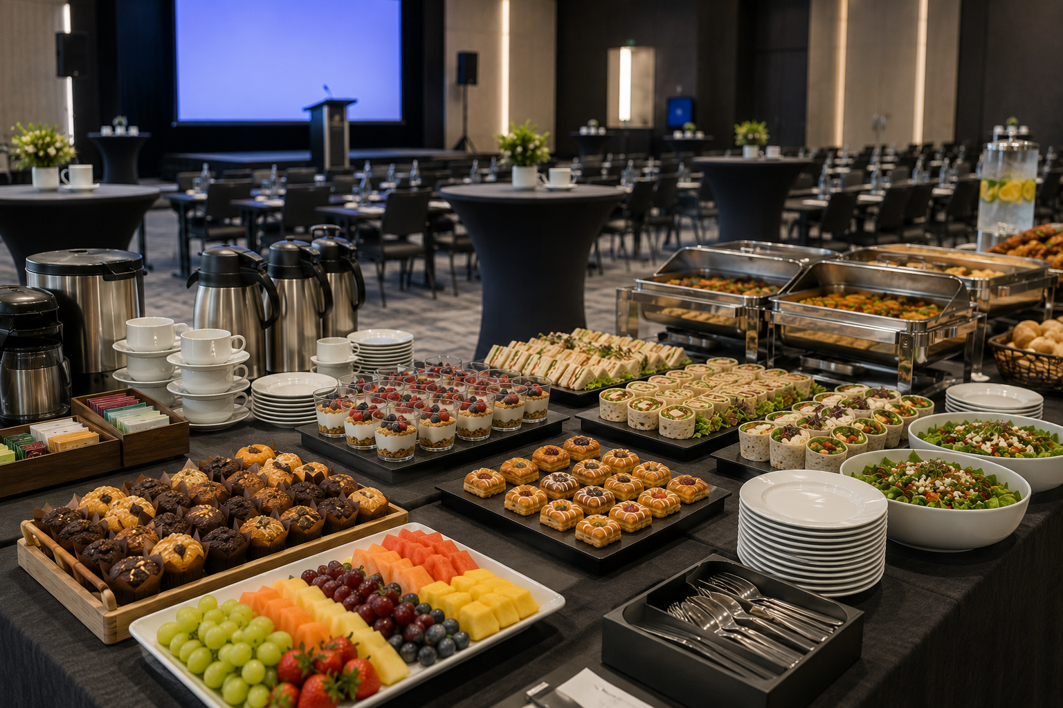 Conference catering setup with coffee stations, buffet dishes, sandwiches, wraps, pastries, fruit and salads in a modern event venue.