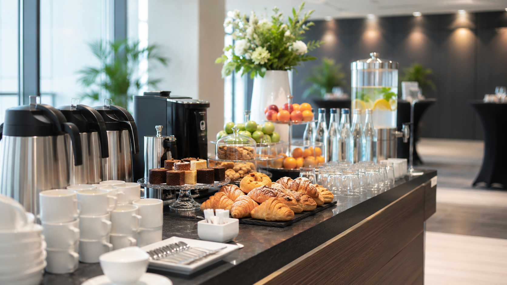 Coffee break catering station with coffee, tea, pastries, cakes, fresh fruit and bottled water in a modern event venue.