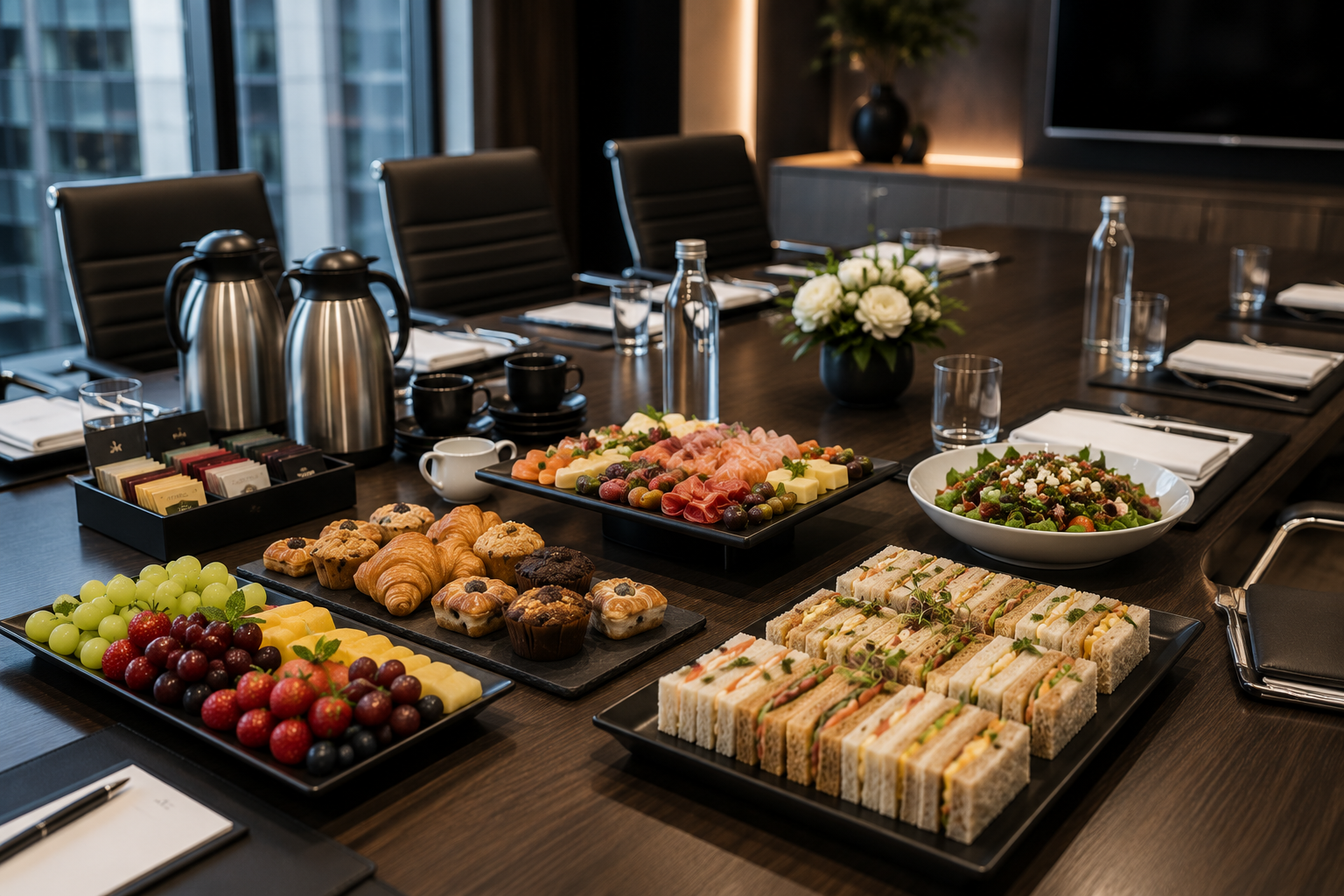 Executive catering setup with premium platters, sandwiches, pastries, fruit, salads, tea and coffee arranged in a modern boardroom.