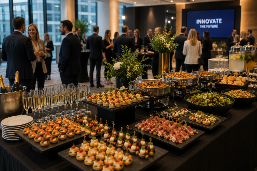Corporate event catering with canapés, buffet stations, drinks and guests networking in a modern business venue.
