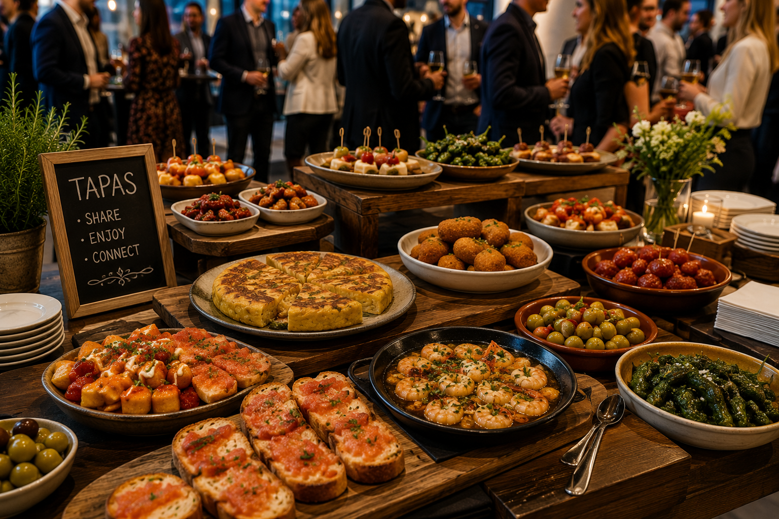 Tapas catering spread with croquetas, patatas bravas, Spanish tortilla, tomato bread, garlic prawns, olives and vegetarian sharing dishes.