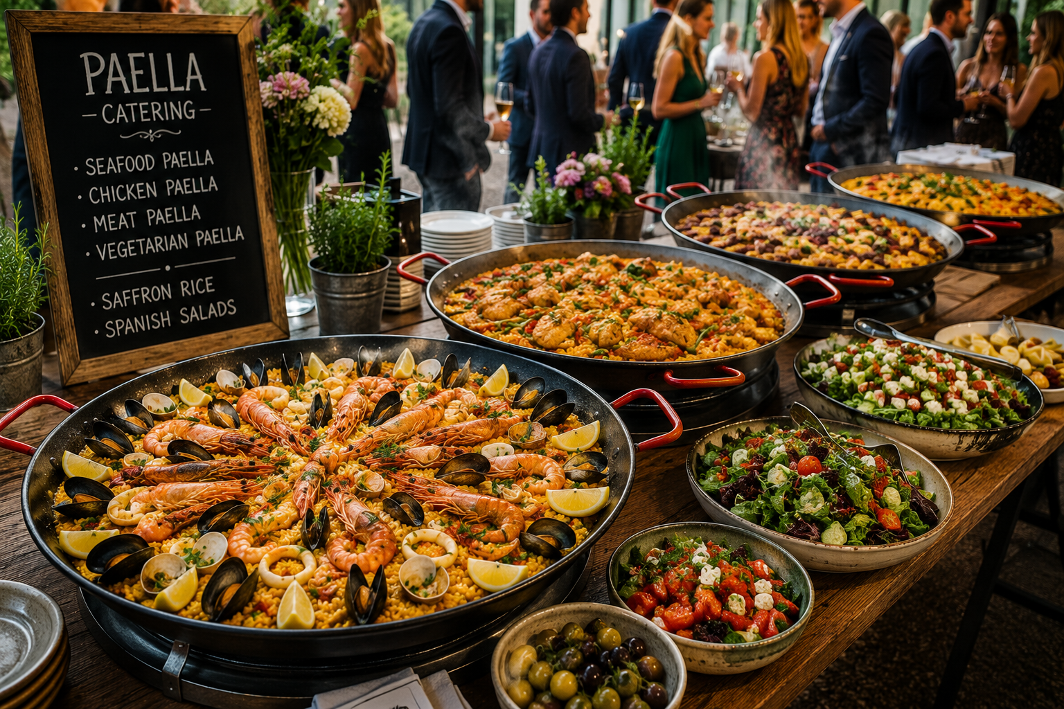 Paella catering station with seafood, chicken, meat and vegetarian paella served alongside Spanish salads and olives.