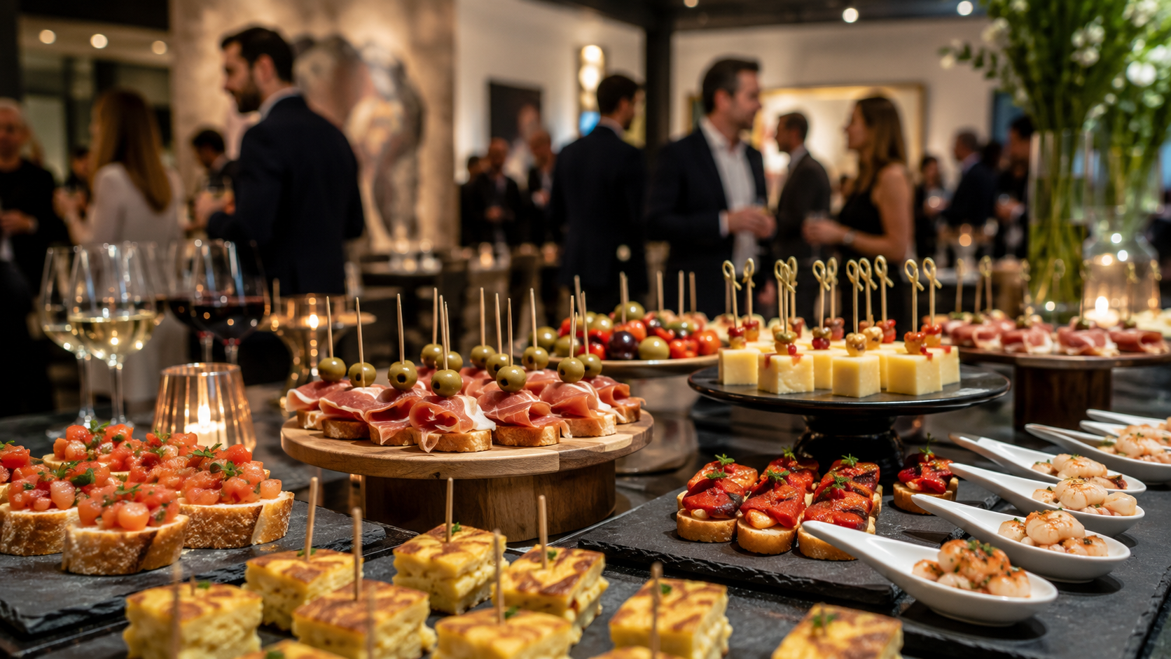 Spanish canapé catering with cured-ham-style bites, Manchego skewers, mini tortilla, tomato bread, seafood spoons, olives and peppers.