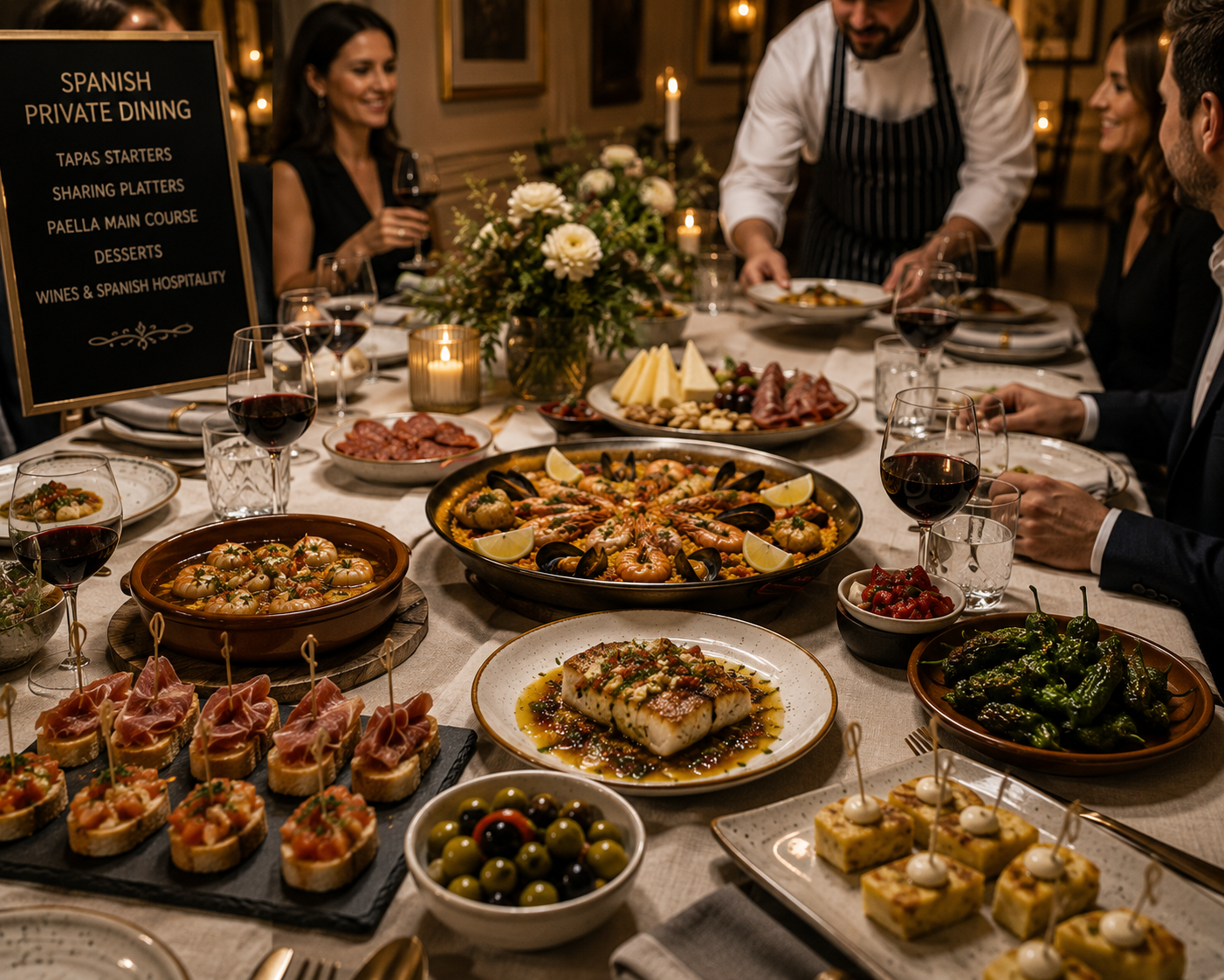 Spanish private dining with tapas starters, sharing platters, seafood paella and plated courses served at an elegant dinner table.