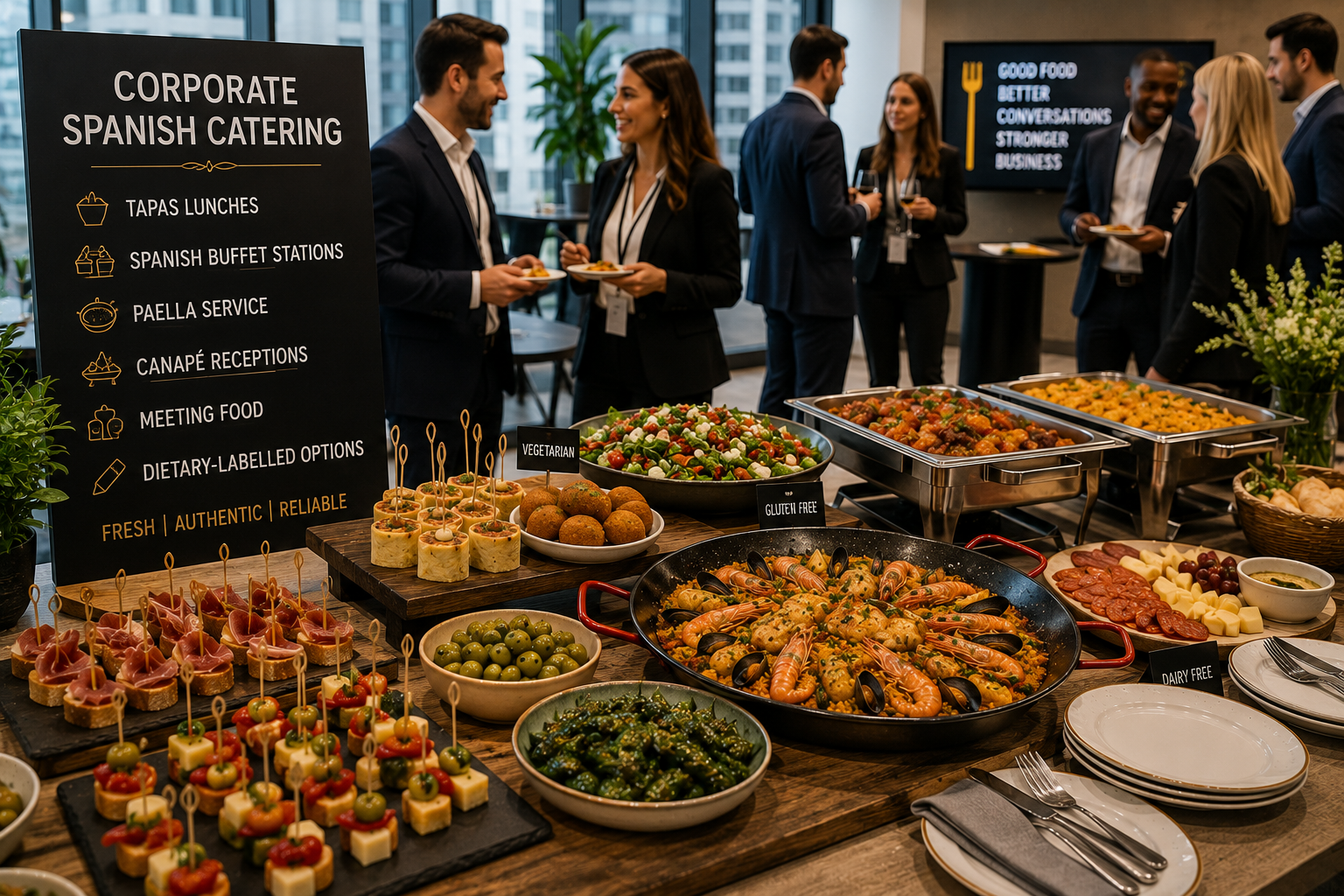 Corporate Spanish catering with tapas, seafood paella, buffet dishes and dietary options served at a modern office event.