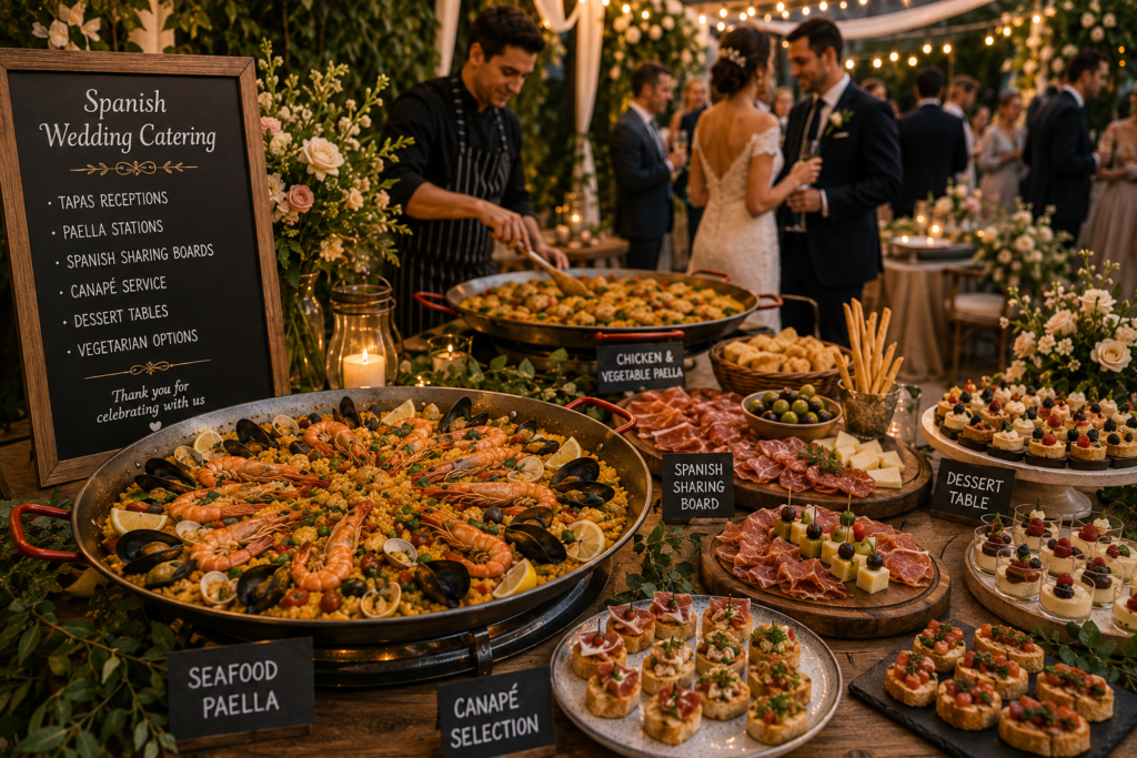 Spanish wedding catering with seafood paella, tapas, sharing boards, canapés and desserts at an elegant outdoor reception.
