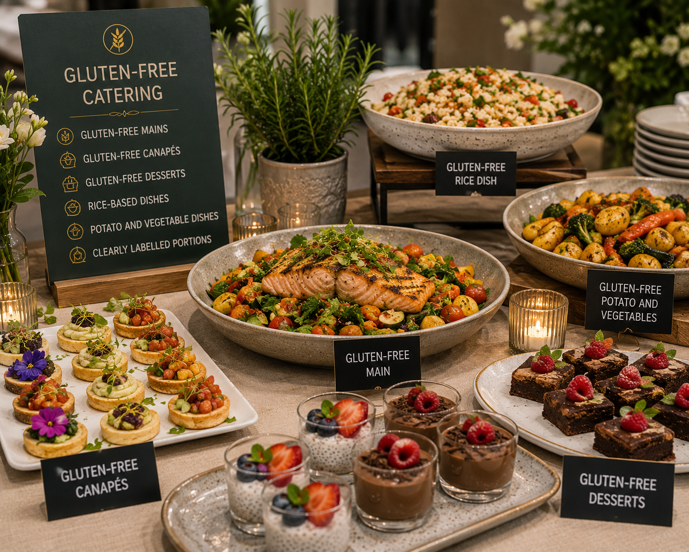 Gluten-free catering spread with rice dishes, roasted vegetables, grilled salmon, canapés and individual desserts.