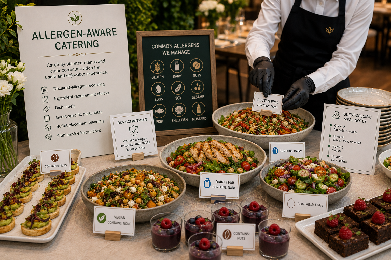 Allergen-aware catering buffet with individually arranged meals, salads, canapés and desserts prepared for varied dietary requirements.