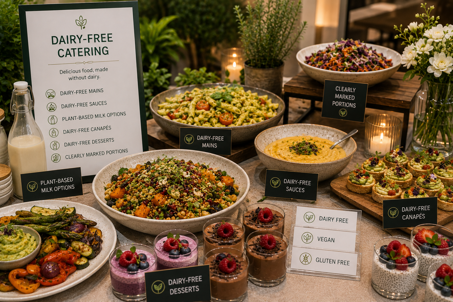 Dairy-free catering spread with plant-based mains, sauces, canapés, roasted vegetables, salads and dairy-free desserts.