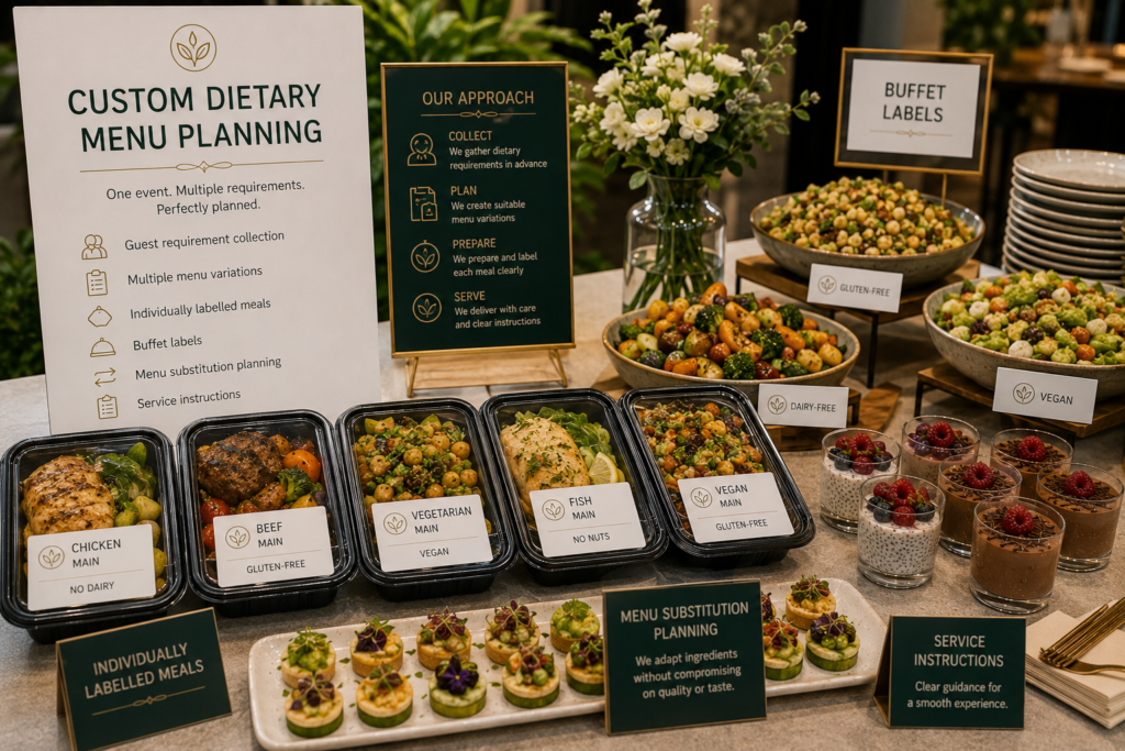 Custom dietary catering with individually prepared meals, mixed-menu buffet dishes, canapés and desserts for varied dietary requirements.