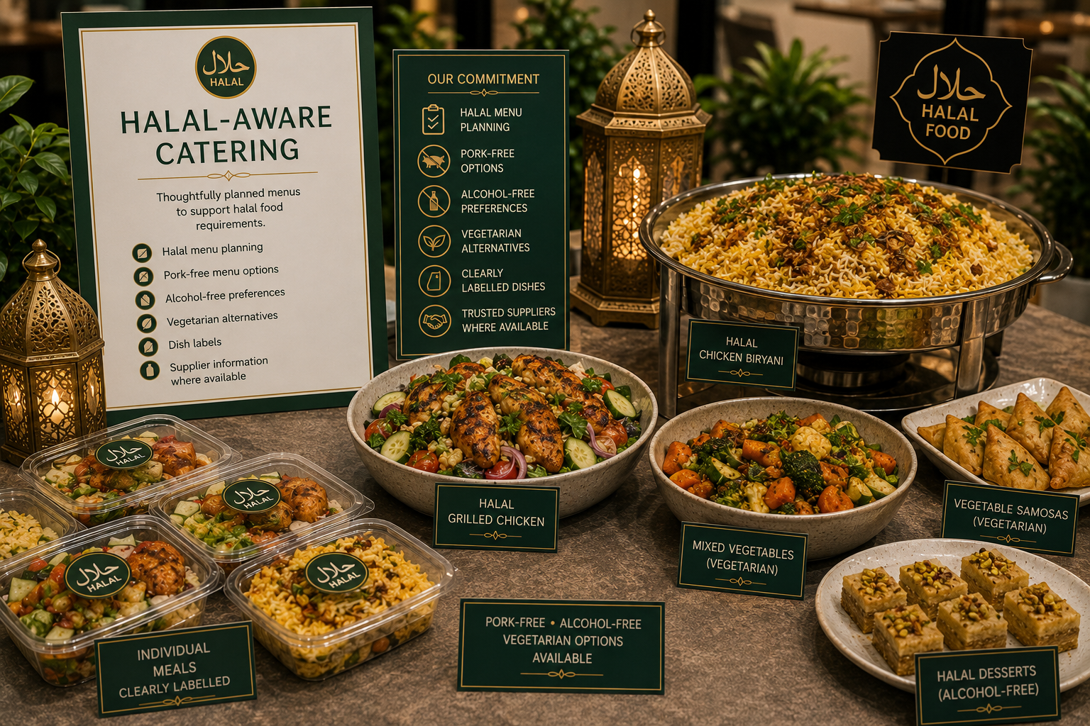 Halal-aware catering spread with chicken biryani, grilled chicken, vegetarian dishes, individual meals, samosas and desserts.