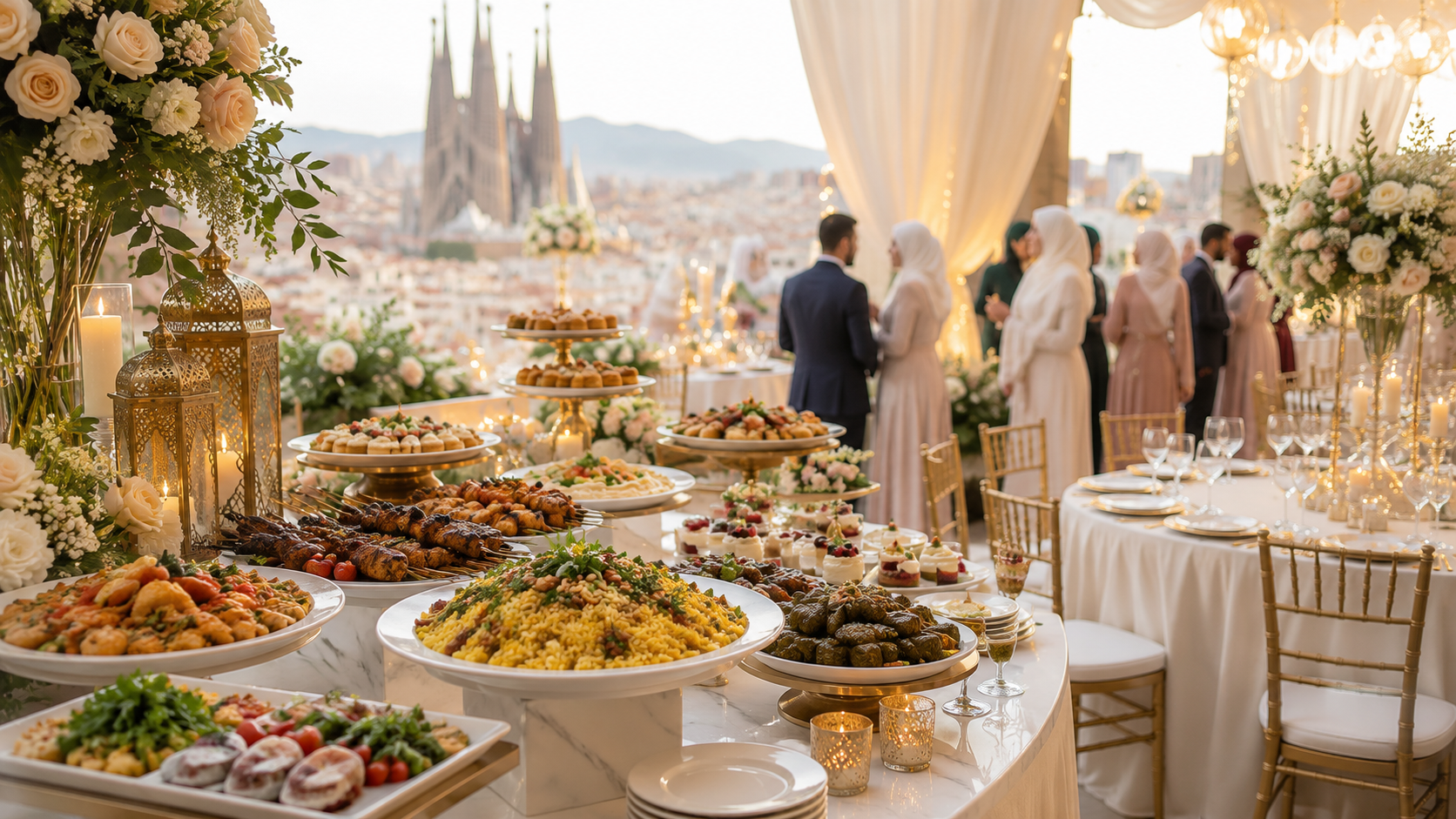 Halal wedding catering buffet with grilled meats, rice dishes, canapés and desserts at an elegant Barcelona rooftop reception.